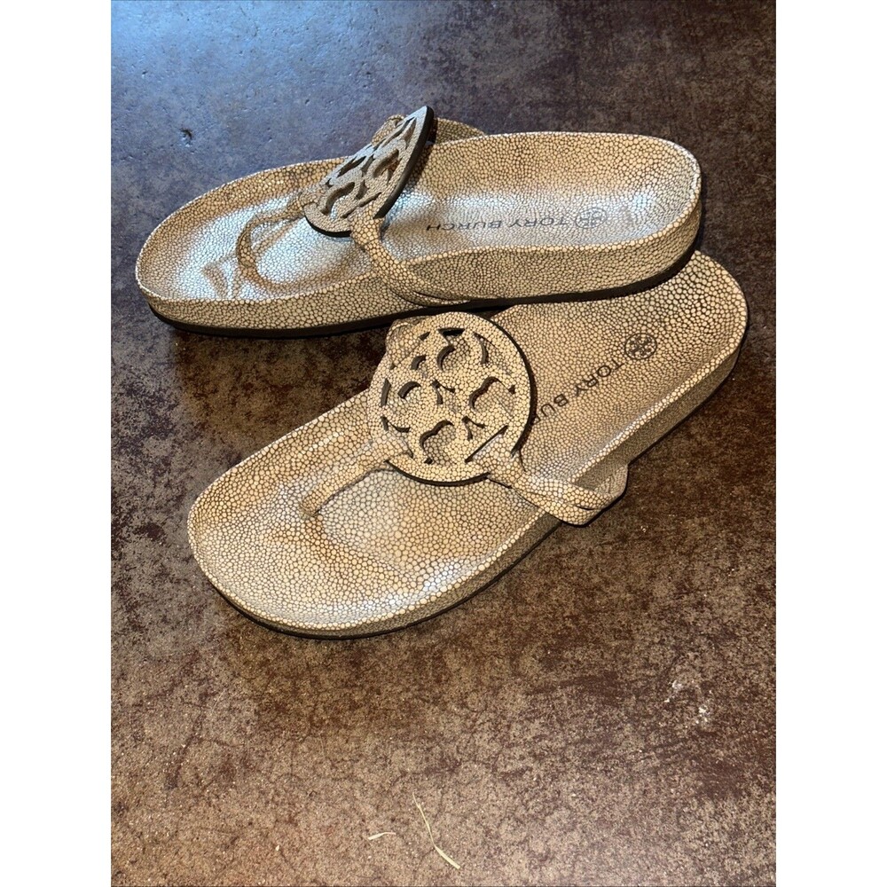 Tory Burch 5.5 Women’s Logo Sandals Flats Pebbled Tan Leather Things Slides - Picture 5 of 5